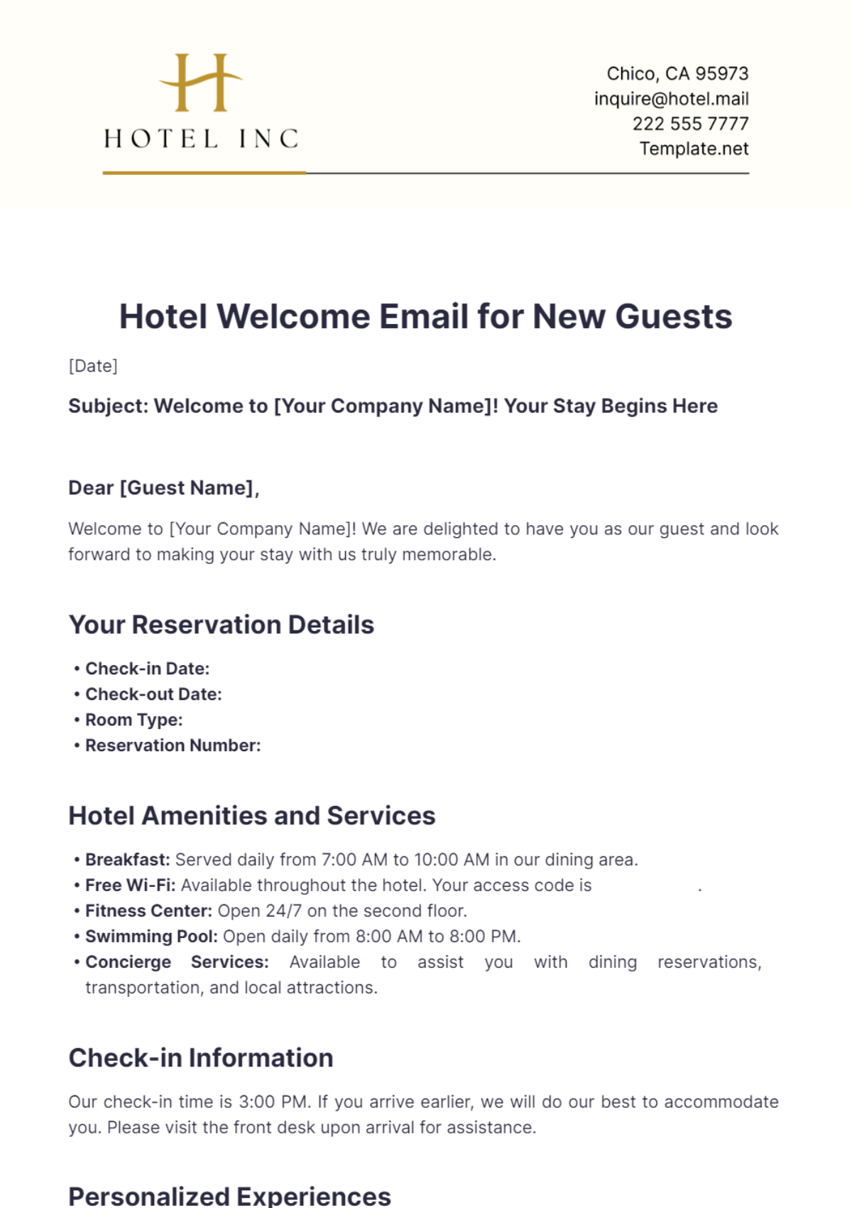 Hotel Welcome Email Template for New Guests - Edit Online & Download