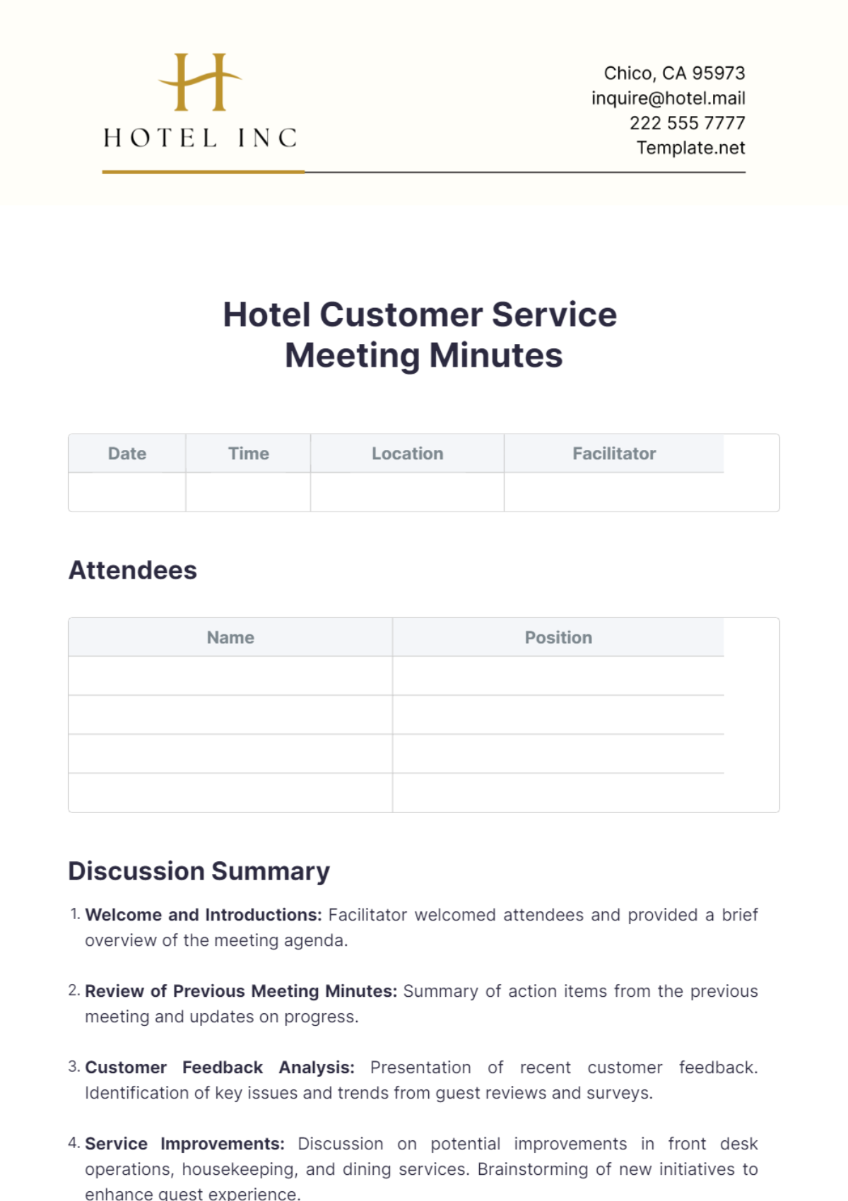 Hotel Customer Service Meeting Minutes Template - Edit Online & Download