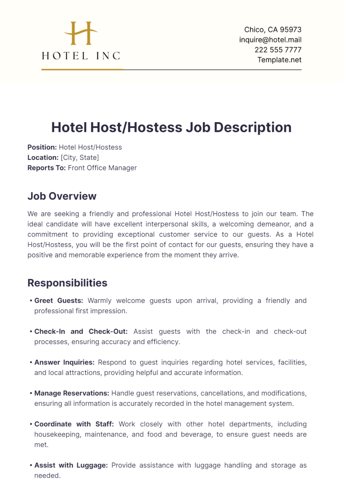 Hotel Host/Hostess Job Description Template - Edit Online & Download