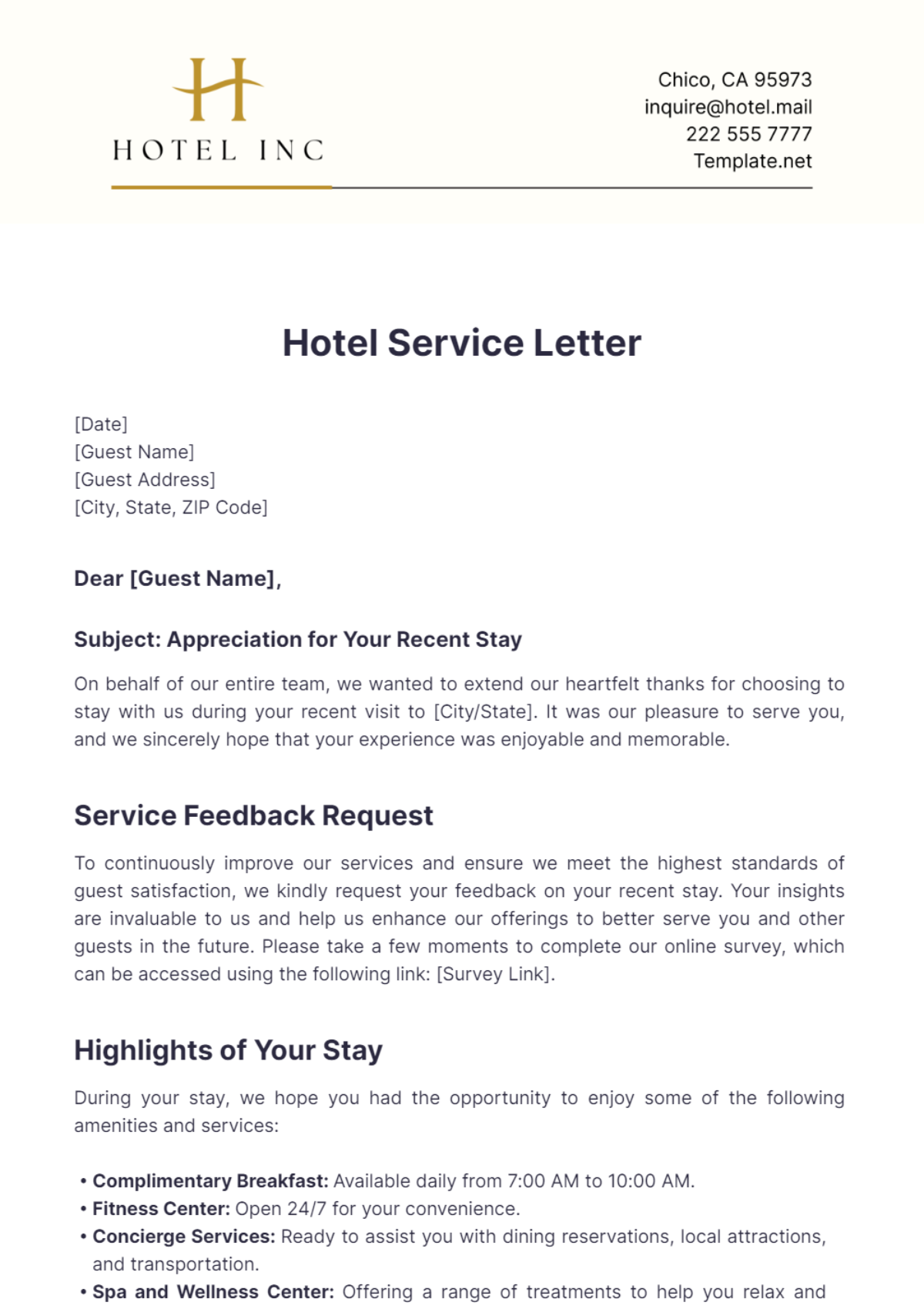 Hotel Service Letter Template - Edit Online & Download