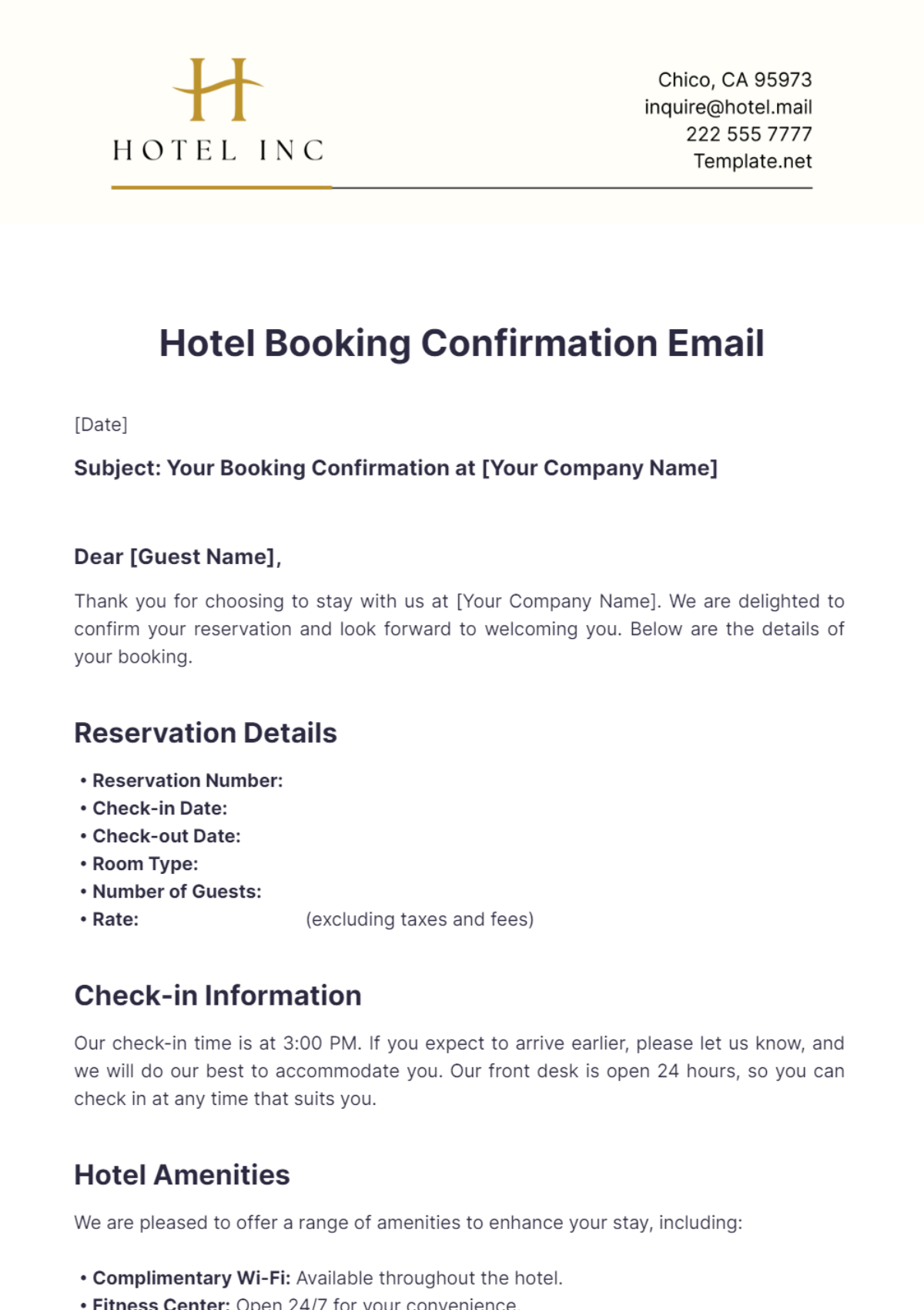 Hotel Booking Confirmation Email Template - Edit Online & Download