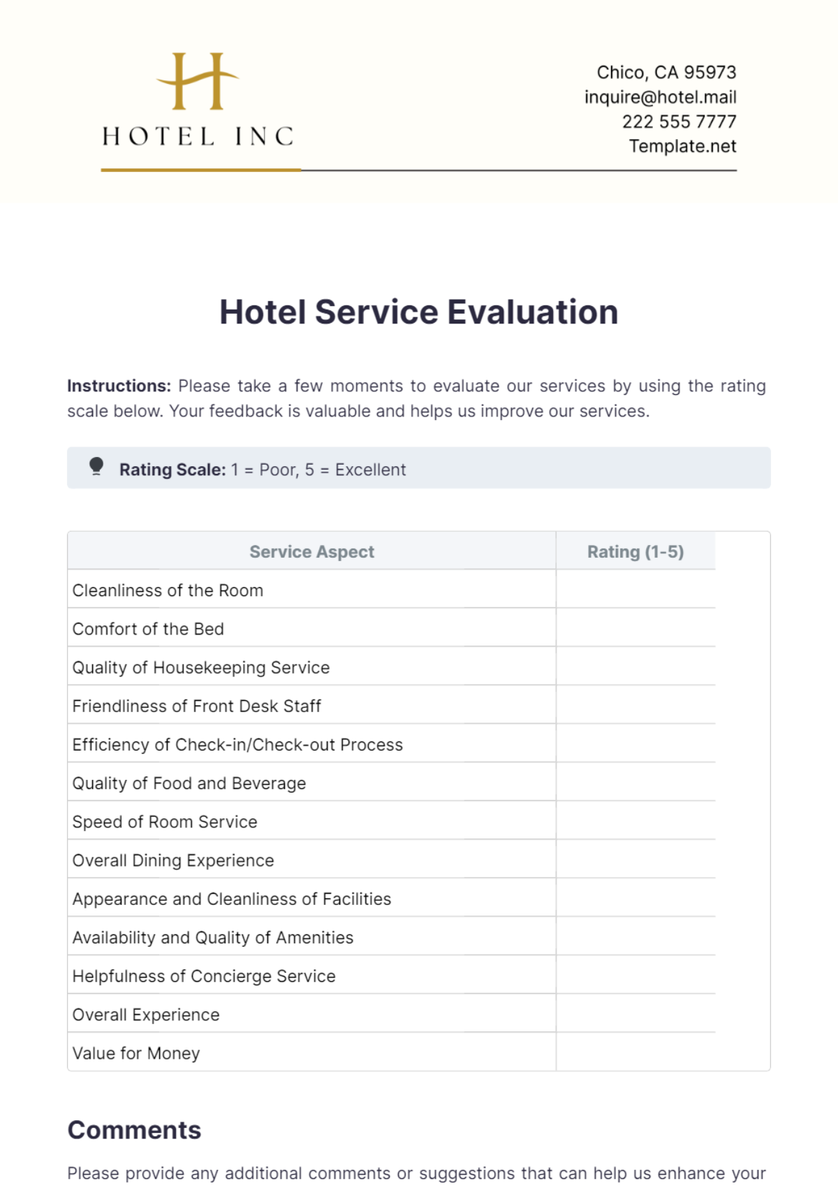 Hotel Service Evaluation Template - Edit Online & Download