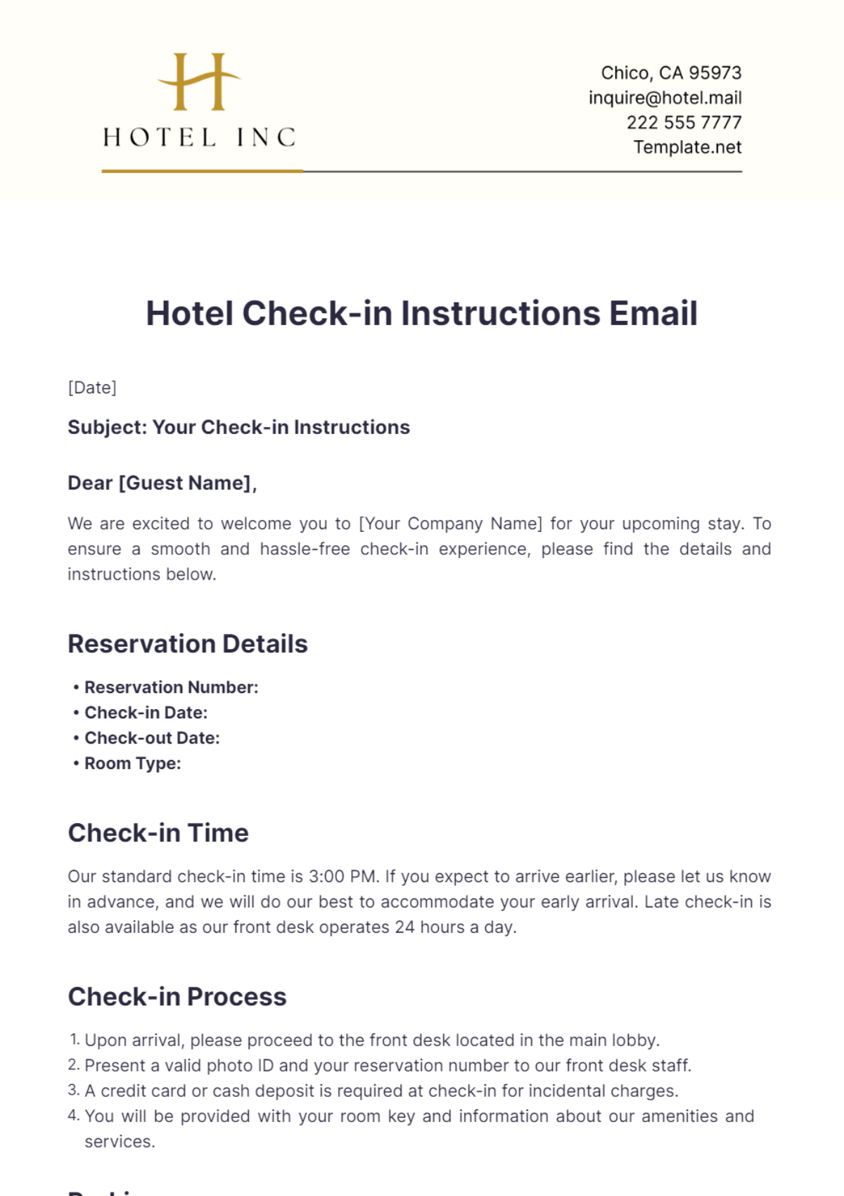 Hotel Check-in Instructions Email Template - Edit Online & Download