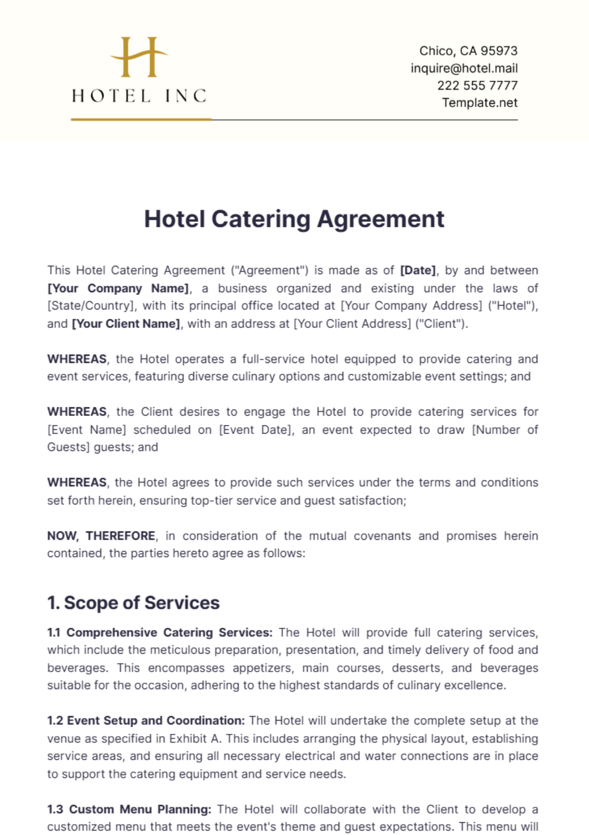 Hotel Catering Agreement Template - Edit Online & Download