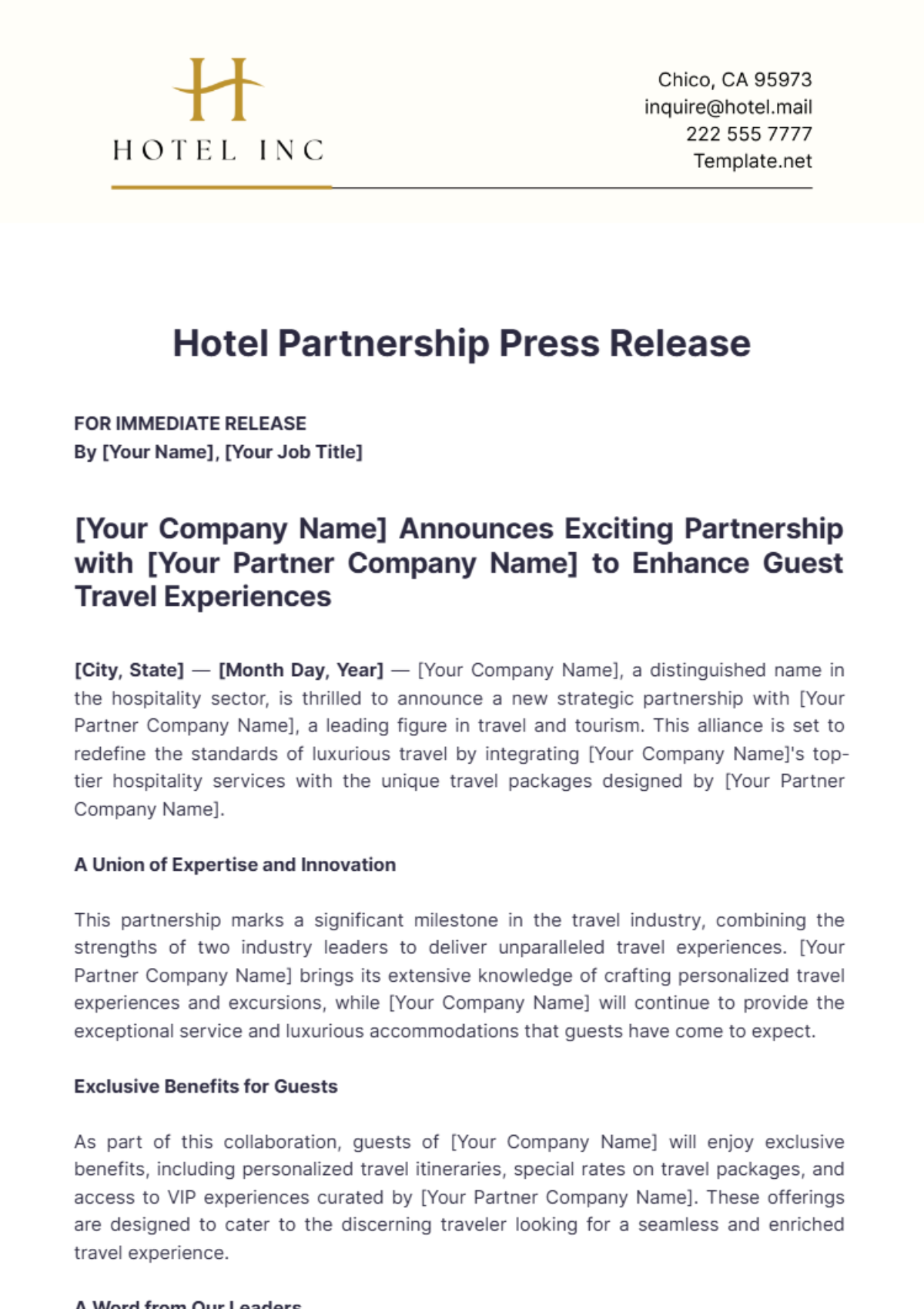 Hotel Partnership Press Release Template - Edit Online & Download