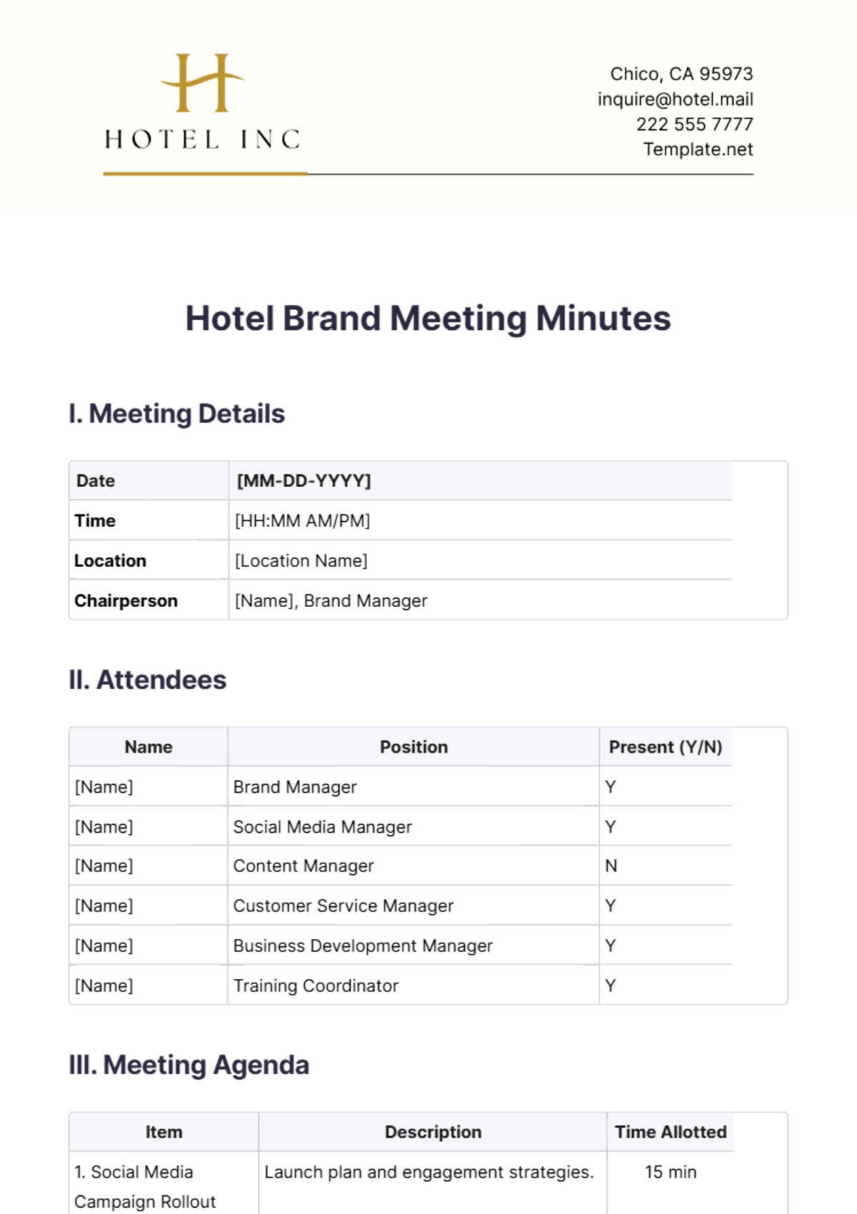 Hotel Brand Meeting Minutes Template - Edit Online & Download