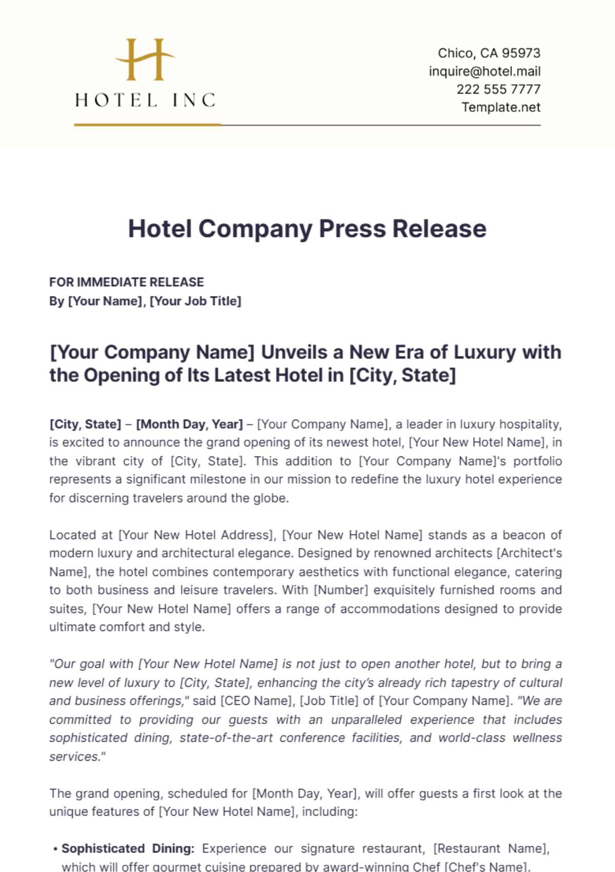 Hotel Company Press Release Template - Edit Online & Download