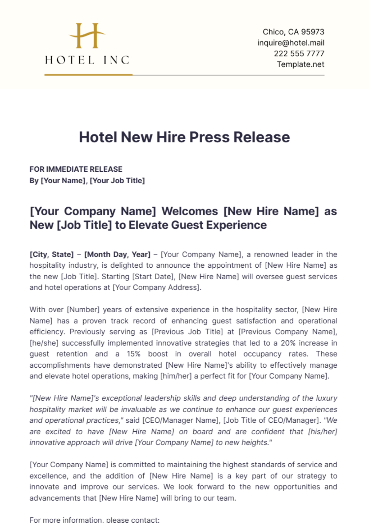 Hotel New Hire Press Release Template - Edit Online & Download