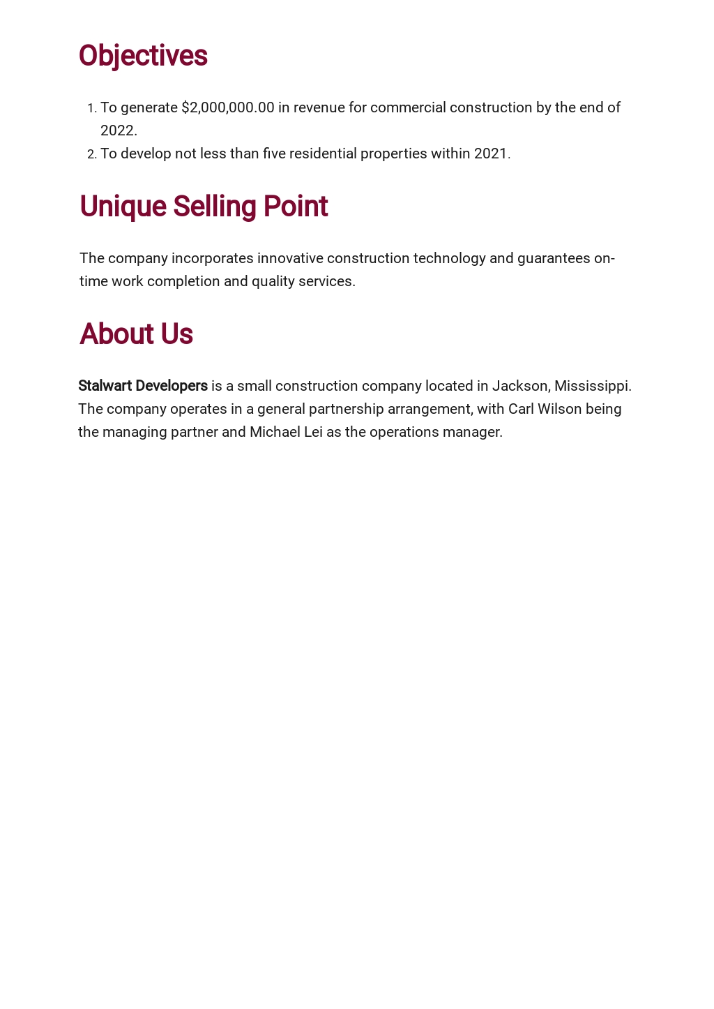 Small construction business plan template image