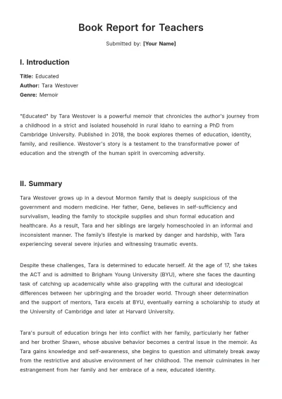 Free Book Report for Teachers Template to Edit Online