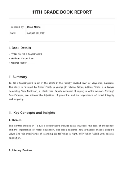 Free 11th Grade Book Report Template to Edit Online