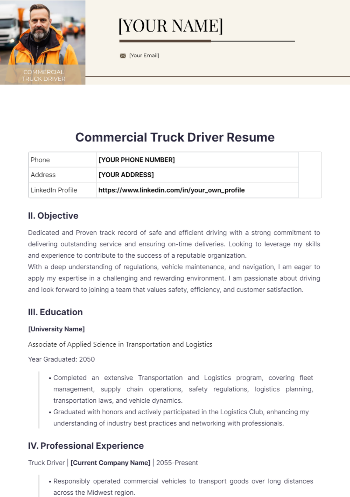 Commercial Truck Driver Resume - Edit Online & Download