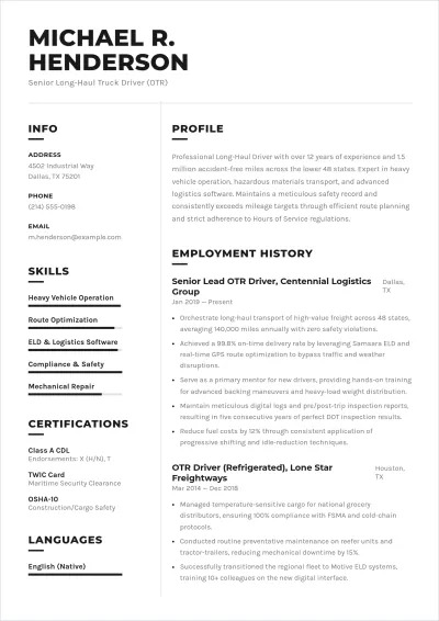Free Commercial Truck Driver ATS Resume Template, AI Resume Builder