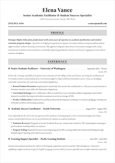 Free Academic Facilitator ATS Resume Template, AI Resume Builder