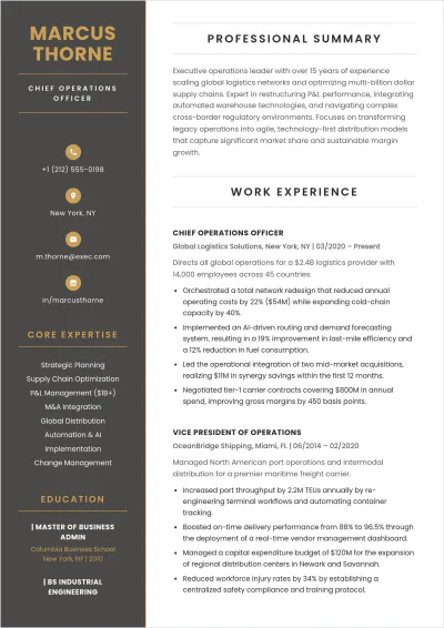 Free One Page Executive ATS Resume Template, AI Resume Builder