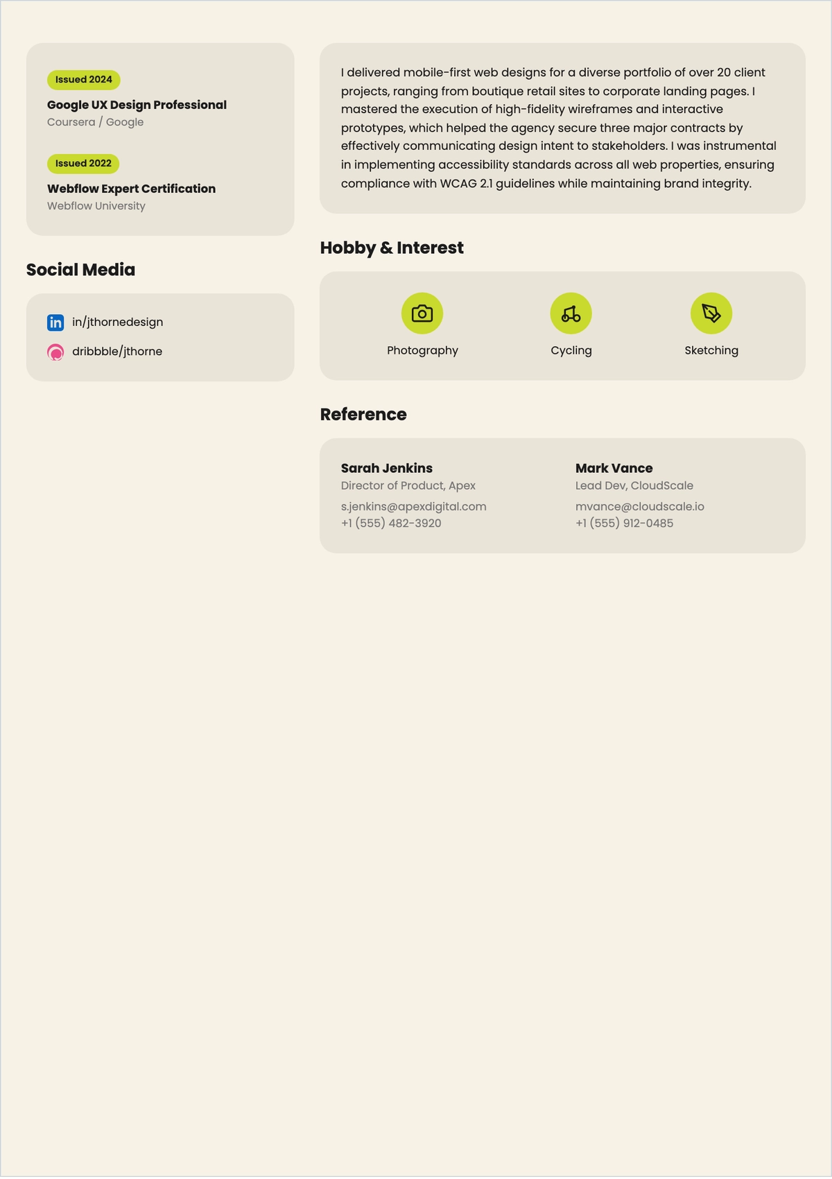 Free One Page Web Designer ATS Resume Template, AI Resume Builder