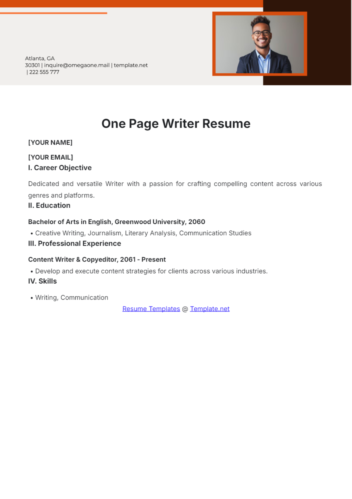 One Page Writer Resume - Edit Online & Download