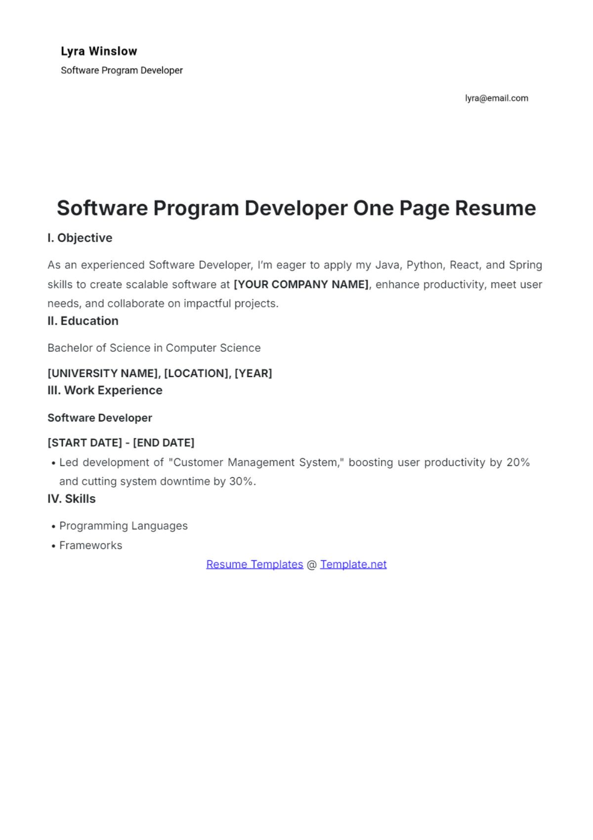 Software Program Developer One Page Resume - Edit Online & Download