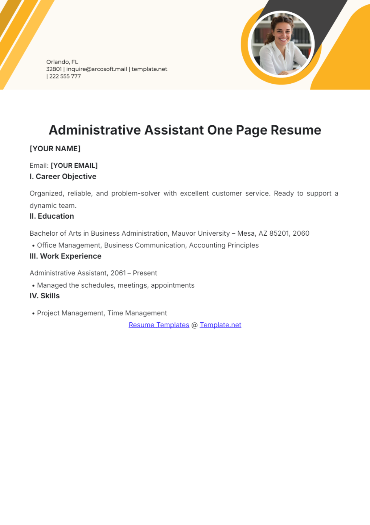 Administrative Assistant One Page Resume - Edit Online & Download