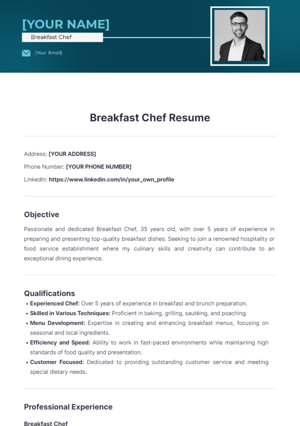 Breakfast Chef Resume - Edit Online & Download