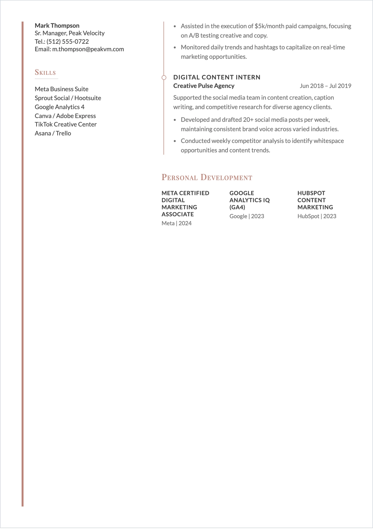 Free One Page ATS Resume For Social Media Manager Template