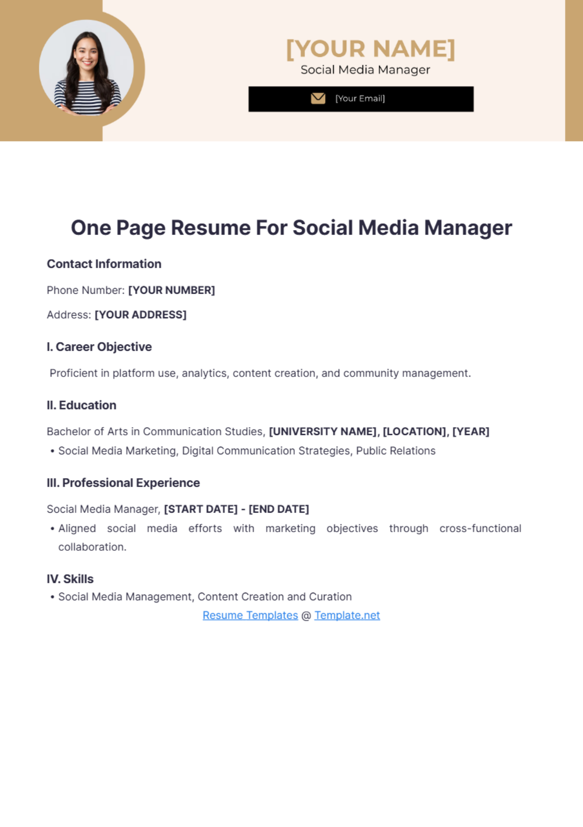 One Page Resume For Social Media Manager - Edit Online & Download ...