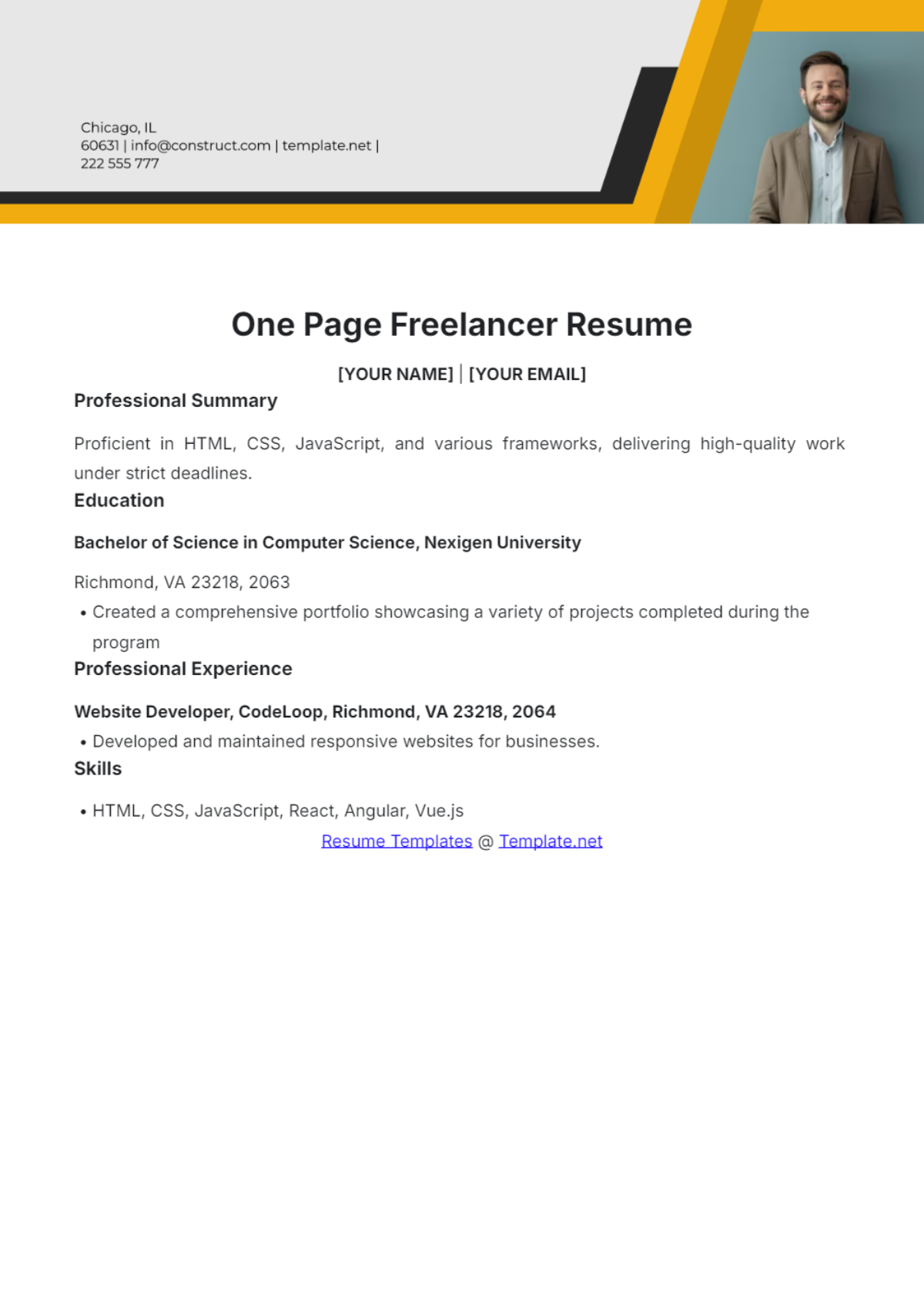 One Page Freelancer Resume - Edit Online & Download