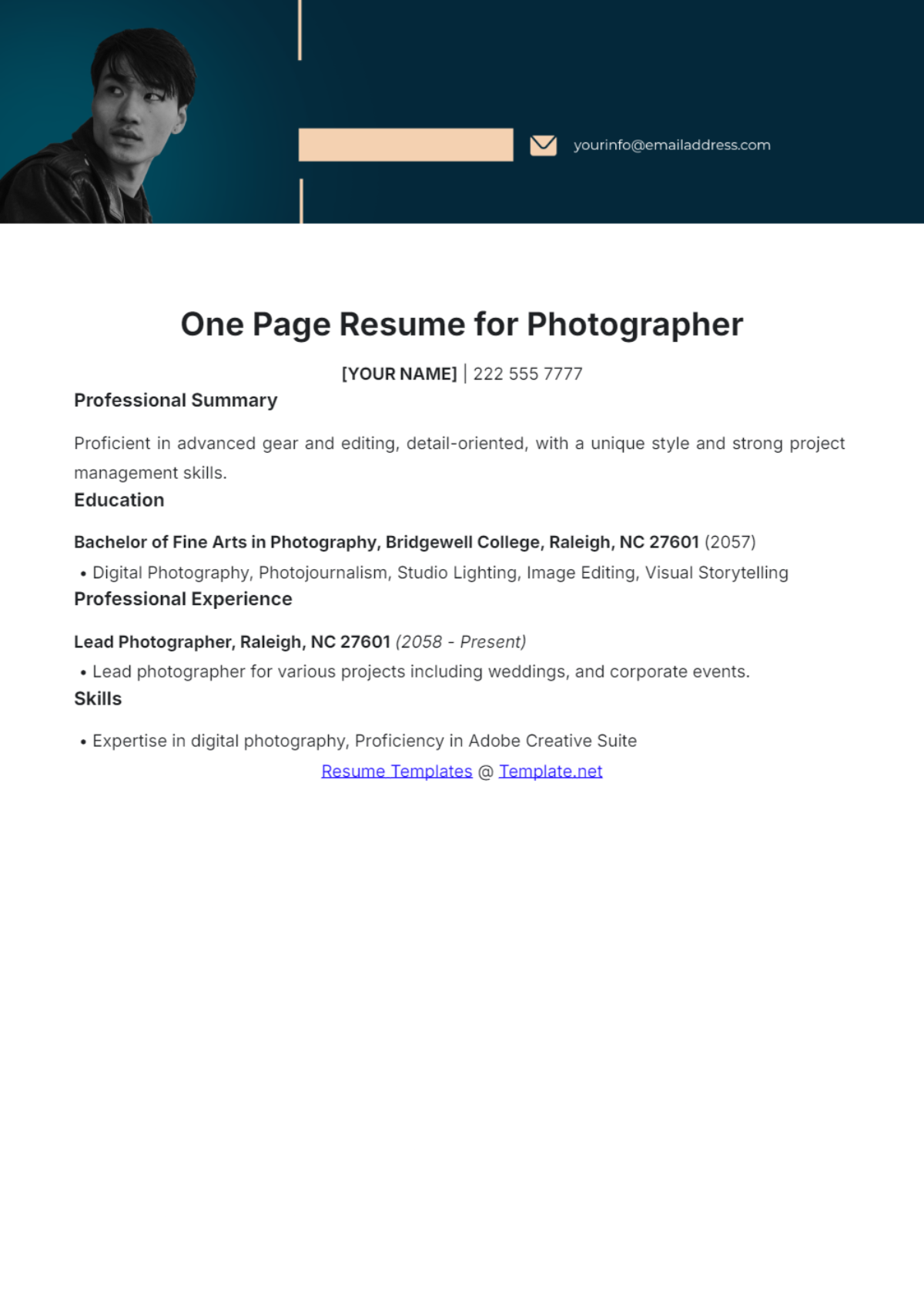 One Page Resume for Photographer - Edit Online & Download