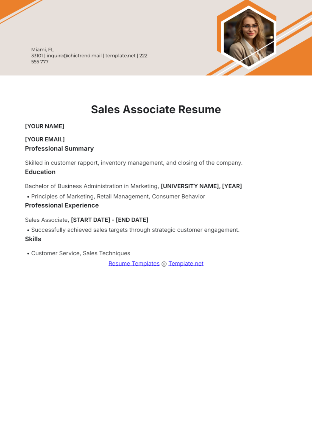 Sales Associate One Page Resume - Edit Online & Download