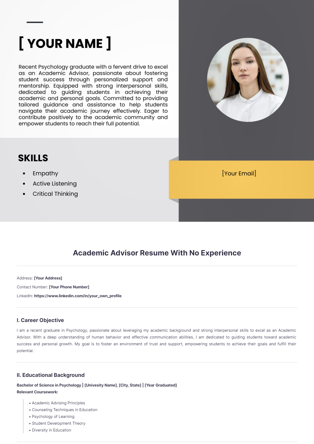 Academic Advisor Resume with No Experience - Edit Online & Download