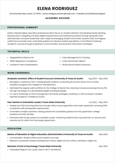Free Academic Advisor ATS Resume with No Experience Template