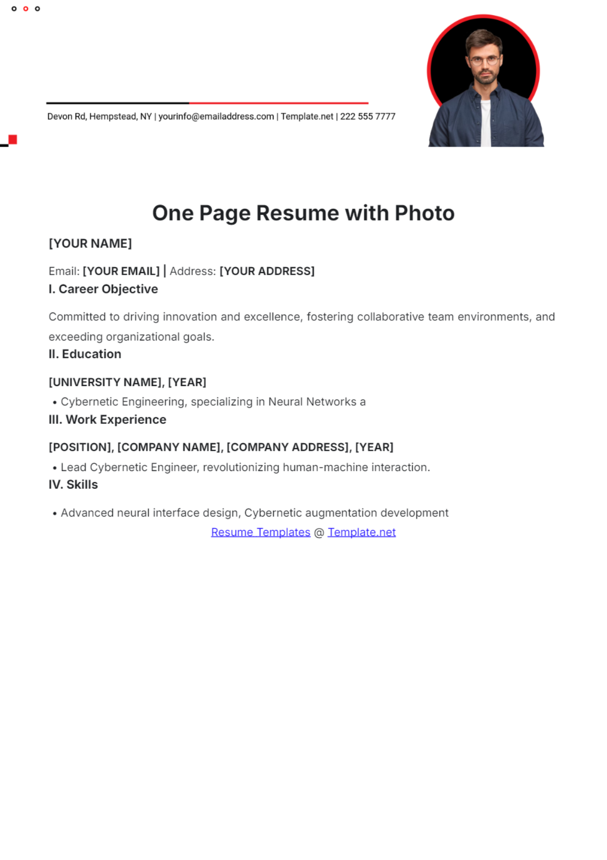 One Page Resume with Photo Template - Edit Online & Download