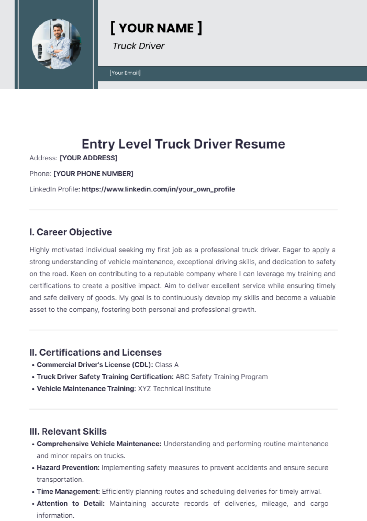 Entry Level Truck Driver Resume - Edit Online & Download