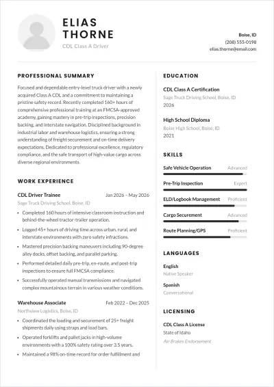 Free Entry Level Truck Driver ATS Resume Template, AI Resume Builder
