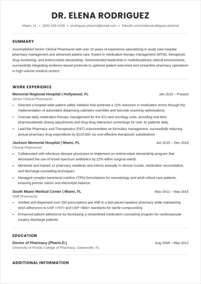 Free One Page Pharmacist ATS Resume Template, AI Resume Builder