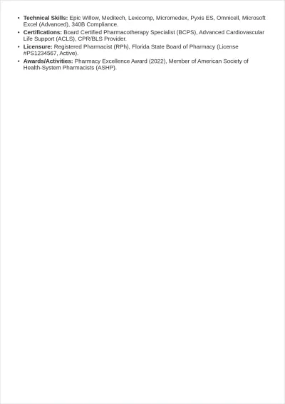 Free One Page Pharmacist ATS Resume Template, AI Resume Builder