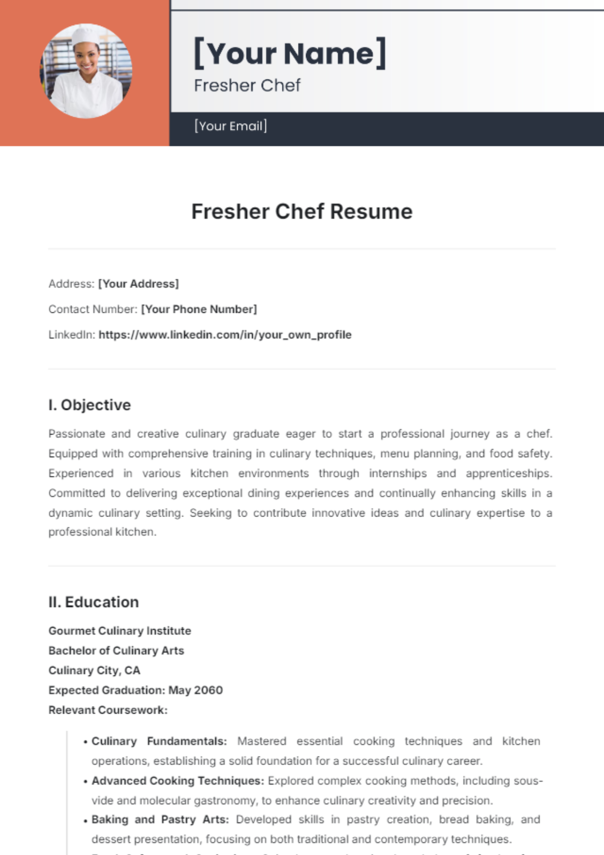 Fresher Chef Resume Template - Edit Online & Download