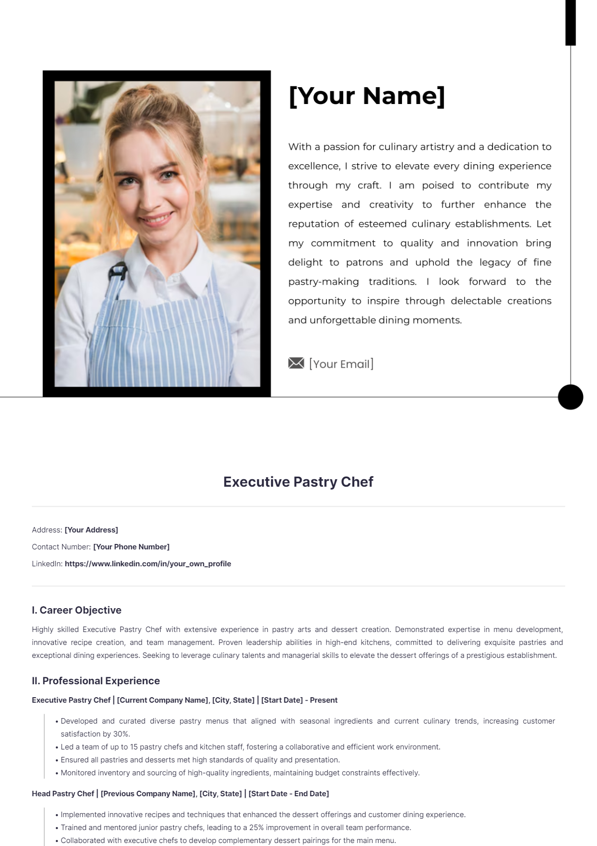 Executive Pastry Chef Resume - Edit Online & Download