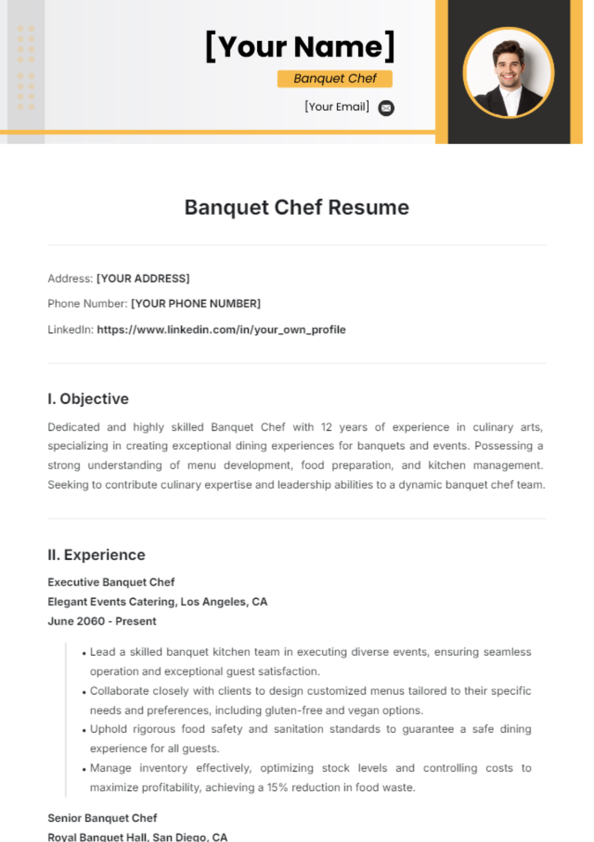 Banquet Chef Resume Template - Edit Online & Download