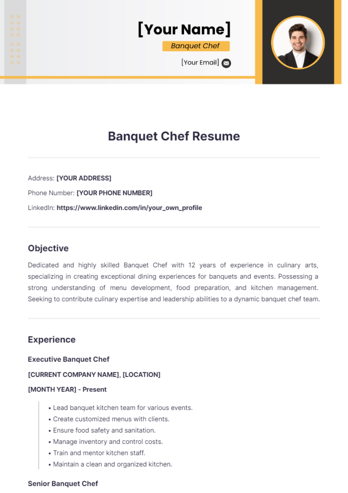 Banquet Chef Resume - Edit Online & Download