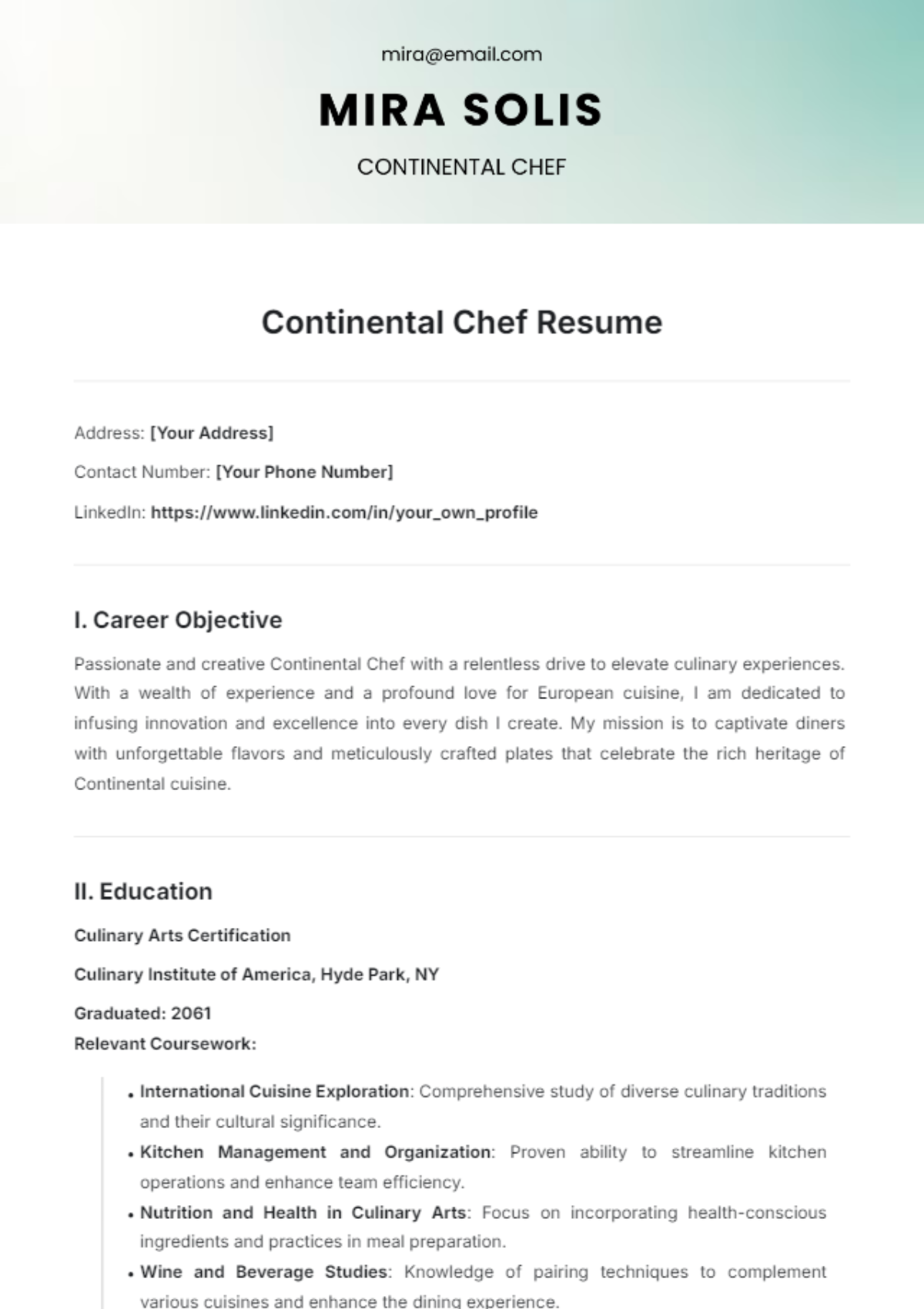 Continental Chef Resume Template - Edit Online & Download