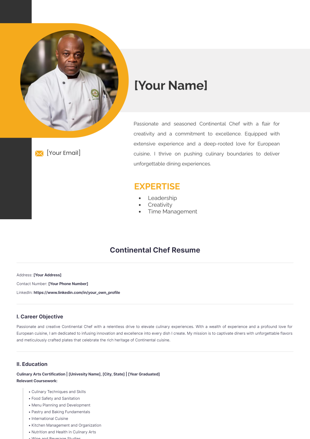 Continental Chef Resume - Edit Online & Download