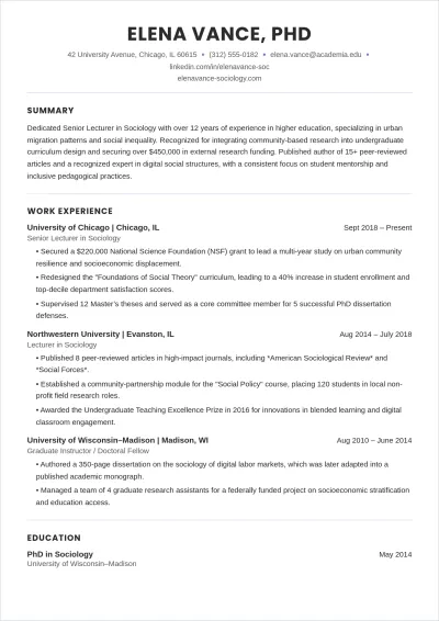 Free Academic Lecturer ATS Resume Template, AI Resume Builder