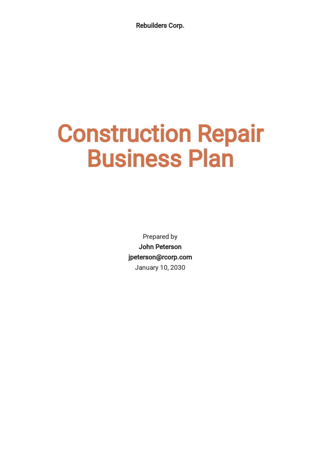 building construction business plan cover page