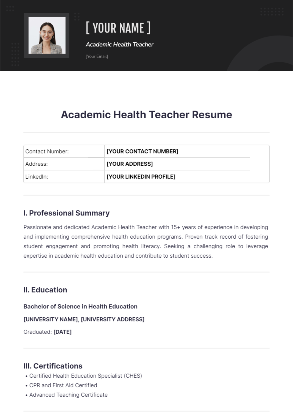 Academic Health Teacher Resume - Edit Online & Download