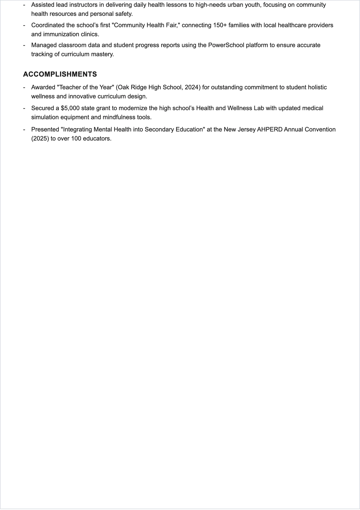 Free Academic Health Teacher ATS Resume Template, AI Resume Builder