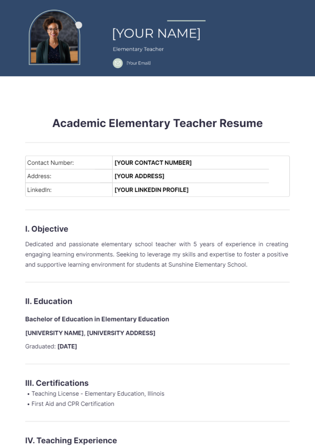 Academic Elementary Teacher Resume - Edit Online & Download