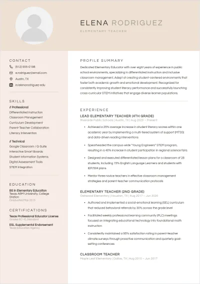 Free Academic Elementary Teacher ATS Resume Template