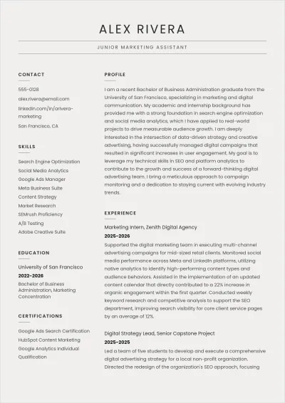 Free One Page ATS Resume for Fresher Template, AI Resume Builder