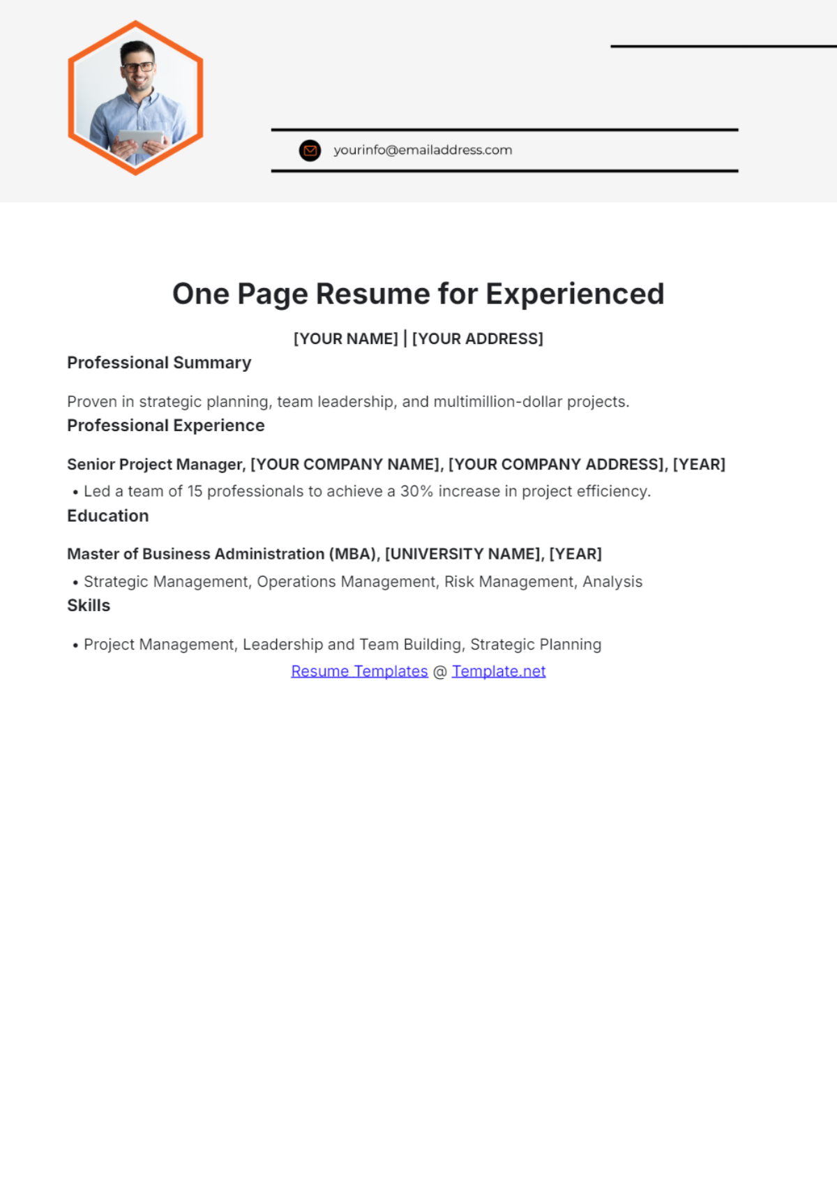 One Page Resume for Experienced Template - Edit Online & Download